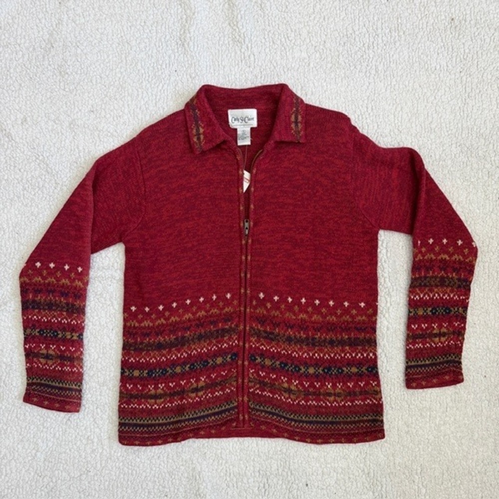 Carly St. Claire Red Fair Isle Full Zip Sweater Cardigan Ramie‎ Cotton Small NWT